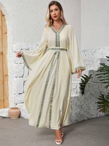 Geo Tape Flare Sleeve Dress - Apricot - View 5