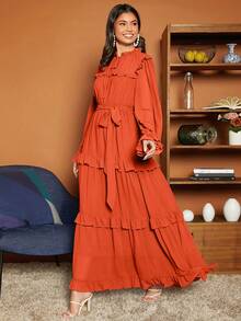 SHEIN VCAY Cà vạt Viền Ruffle Váy có thắt lưng - trái cam - Xem 3