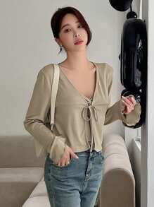 DAZY Chất rắn Mặt trước xoắn Cami ngọn & Tie Trước Áo khoác - Màu Khaki - Xem 7