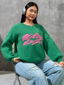 SHEIN EZwear 大碼字母圖案落肩袖套頭毛衣 - 綠色 - 查看 5