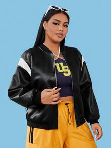 SHEIN EZwear Hơn Khối màu Thả vai chất liệu da PU Áo khoác bomber - màu đen - Xem 4