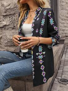 SHEIN LUNE Geo Print Open Front Coat - Black - View 6