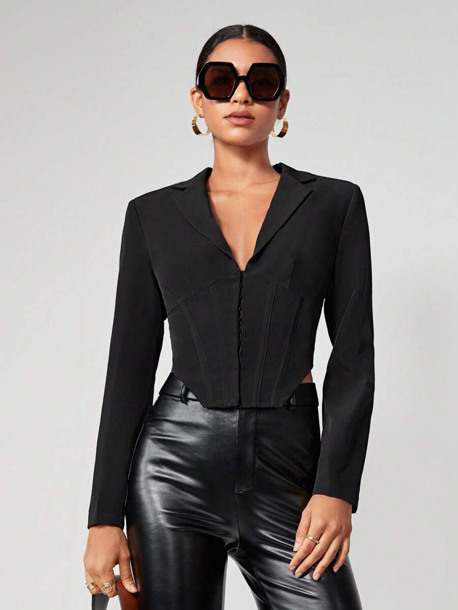 Maija Cazadora de cuello con solapa bajo asimétrico - Negro - Ver 1