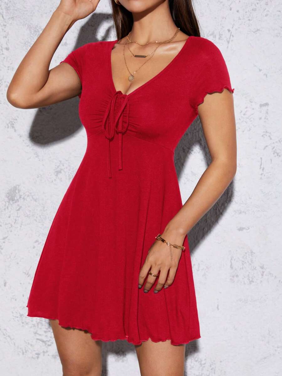 SHEIN PETITE 木耳邊前抽繩洋裝 - 紅色 - 查看 1