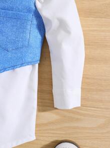 SHEIN Young Girl Puff Sleeve Shirt & Button Front Vest - Multicolor - View 6