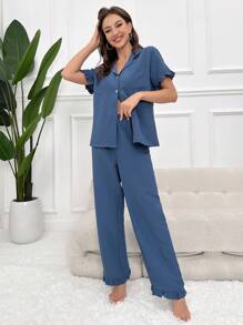 Conjunto de pijama con cuello de solapa y ribete de volantes - Neblina azul - Ver 4