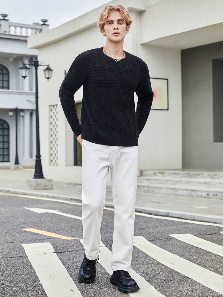 Men Solid Cable Knit Sweater, For Fall Winter