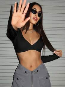 SHEIN ICON 春夏黑色實色短款上衣