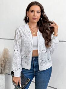 SHEIN Franclia Plus Eyelet Embroidery Zip Up Bomber Jacket - White - View 3