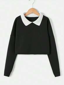 RueChic Teen Girl Contrast Collar Drop Shoulder Pullover - Black - View 1