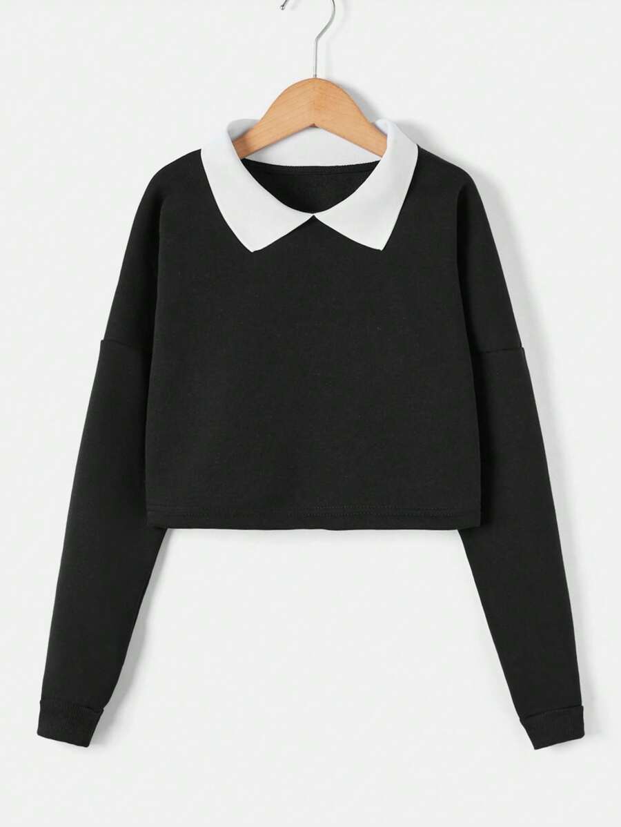 RueChic Teen Girl Contrast Collar Drop Shoulder Pullover - Black - View 1
