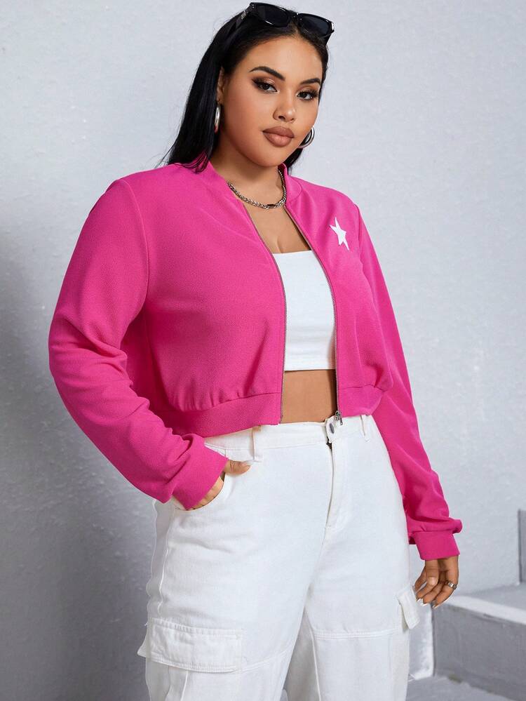 SHEIN EZwear Talla grande Cazadora tipo bomber con estampado de estrella con cremallera - Rosa Fucsia - Ver 4