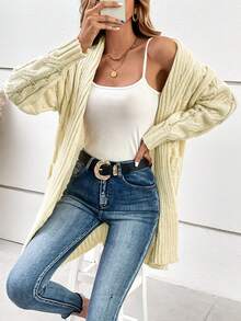 SHEIN LUNE Cable Knit Drop Shoulder Duster Cardigan - Apricot - View 7