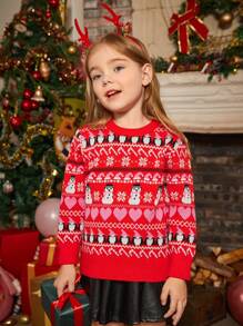 SHEIN Young Girl Christmas Pattern Sweater - Red - View 4