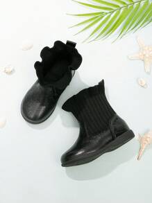 Baby Girls' Flat Elastic Ankle Boots With Ruffle Hem, Comfortable And Cute - Black - View 2