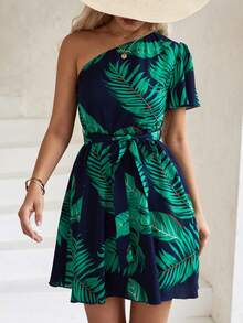 SHEIN VCAY 熱帶圖案單肩繫腰帶洋裝 - 藍色 - 查看 3