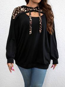 SHEIN LUNE 加大码豹纹镂空落肩抽绳卫衣，适合毕业季、返校季、教师节等场合，秋冬新款。 - 黑色 - 查看 3