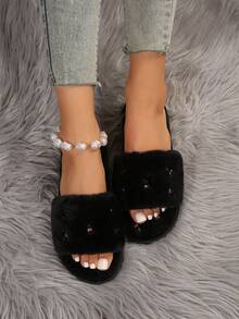 Dép đi trong nhà bằng vải nhung thêu họa tiết thời trang dành cho nữ giữ ấm - màu đen - Xem 6