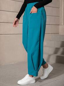 SHEIN LUNE Chất rắn Túi Kép Eo đàn hồi Quần - Màu xanh ngọc - Xem 4