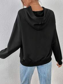 SHEIN EZwear Slogan Graphic Drop Shoulder Drawstring Hoodie - Black - View 2