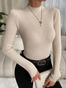 SHEIN Clasi 高领罗纹针织毛衣，长袖套头针织衫，秋冬毛衣 - 杏色 - 查看 4