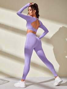 Solid Thumbholes Sports Set With Phone Pocket - Mauve Purple - View 5