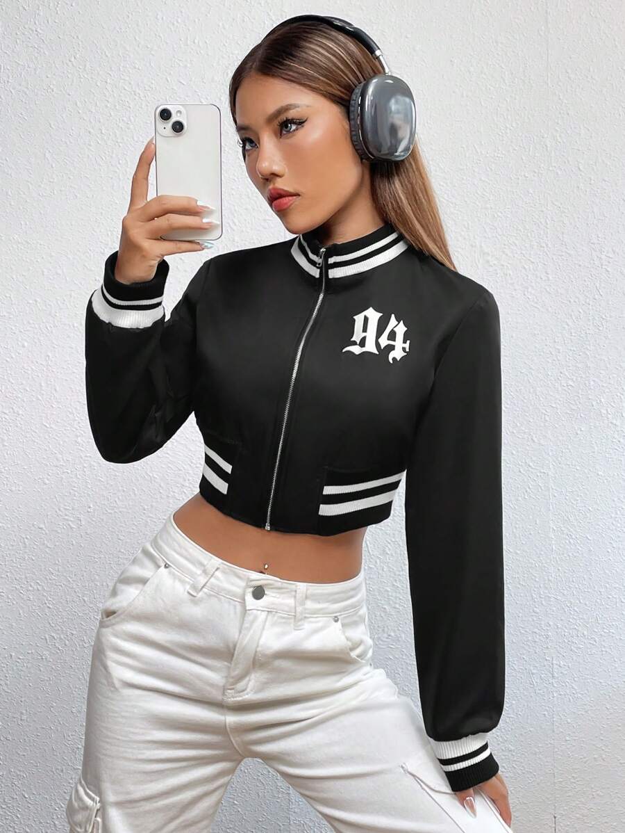 SHEIN Unity 字母圖案條紋飾邊拉鏈開襟短夾克 - 黑色 - 查看 1