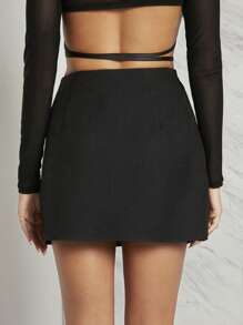 SHEIN Unity Falda Con Diamantes De Imitación Grandes De Hebilla Y Dobladillo Dividido - Negro - Ver 2