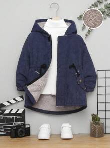 SHEIN 男小童翻蓋口袋毛絨內襯連帽燈芯絨大衣 - 黑色 - 查看 3
