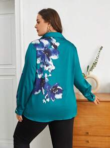SHEIN Essnce Hơn In hoa Nút phía trước Áo sơ mi - màu xanh lá - Xem 2