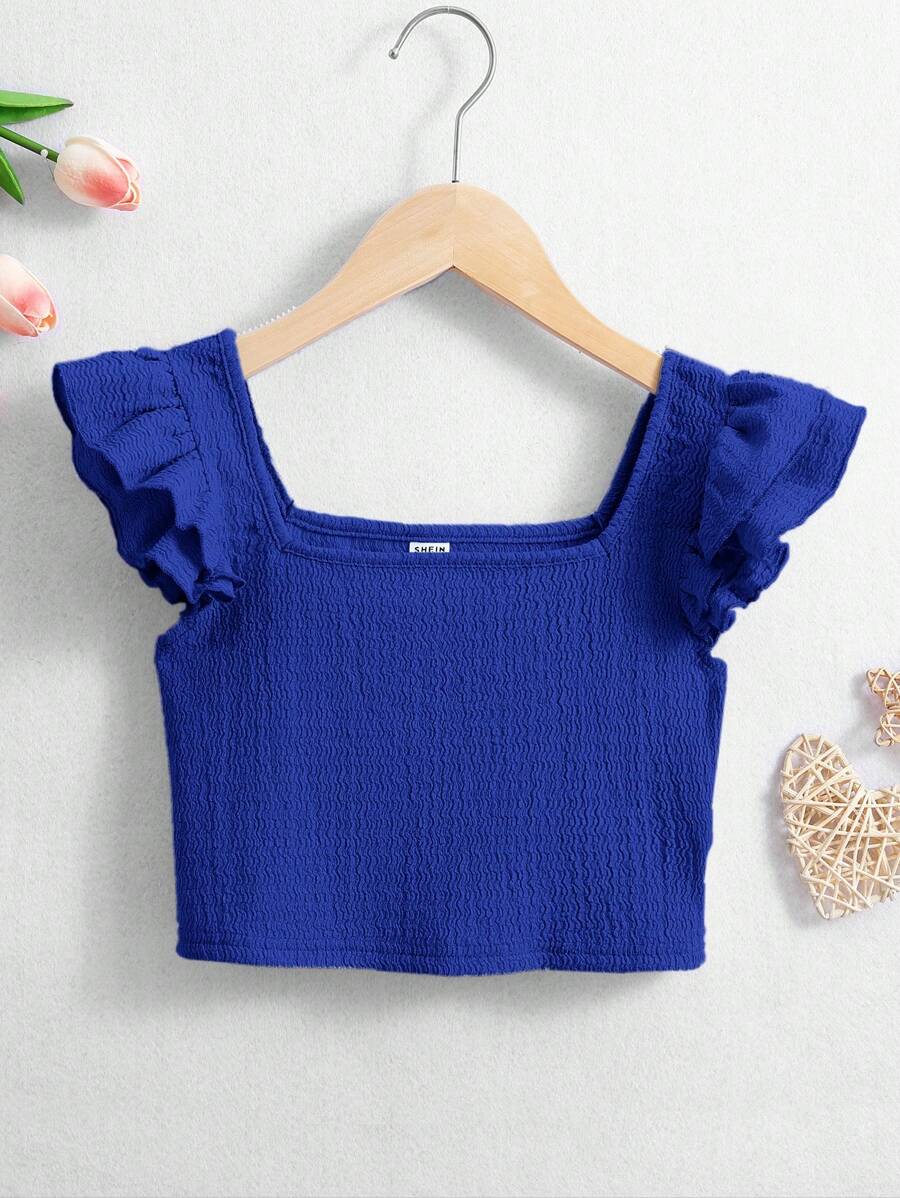 SHEIN Tween Girl Square Neck Butterfly Sleeve Tee - Royal Blue - View 1