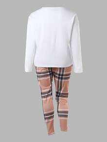 Plaid Print Pocket Patched Tee & Pants - Khaki - View 2