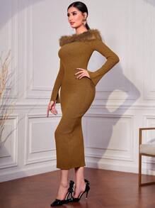 Modelyn Off Shoulder Fuzzy Trim Bodycon Sweater Dress - Chocolate Brown - View 3
