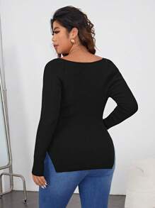 SHEIN Essnce Plus Scoop Neck Split Hem Sweater, For Winter - Black - View 2