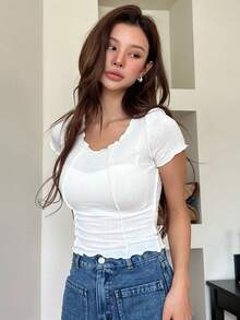 DAZY Lettuce Trim Seam Detail Tee - White - View 4