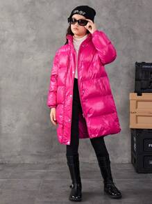 SHEIN Cô gái Tween Thanh lịch Phong cách Tay áo dài Chiều dài trung bình Dày lên Áo khoác Với Đổ đầy Thích hợp Cho mùa đông - Màu Hồng Tươi - Xem 1