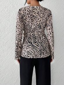 EURMUSE Allover Print Knot Front Wrap Detail Peplum Blouse - Beige - View 2
