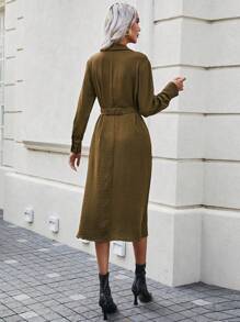 SHEIN LUNE Solid Button Front Belted Shirt Dress - Army Green - View 2