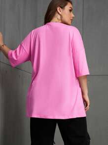 INAWLY Plus Leopard Print Drop Shoulder Tee - Pink - View 2