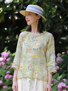 Blusa Suelta De Estilo Campestre Mejorada De Ropa Tradicional China Para Mujer - Verde - Ver 1