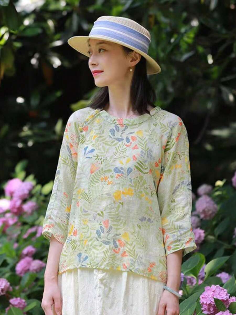 Blusa Suelta De Estilo Campestre Mejorada De Ropa Tradicional China Para Mujer - Verde - Ver 1