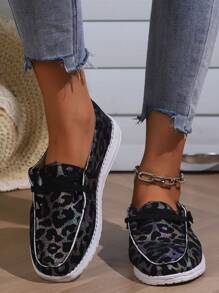 Women Leopard Pattern Slip On Shoes, Fabric Lace-up Front Sporty Sneakers - Multicolor - View 1