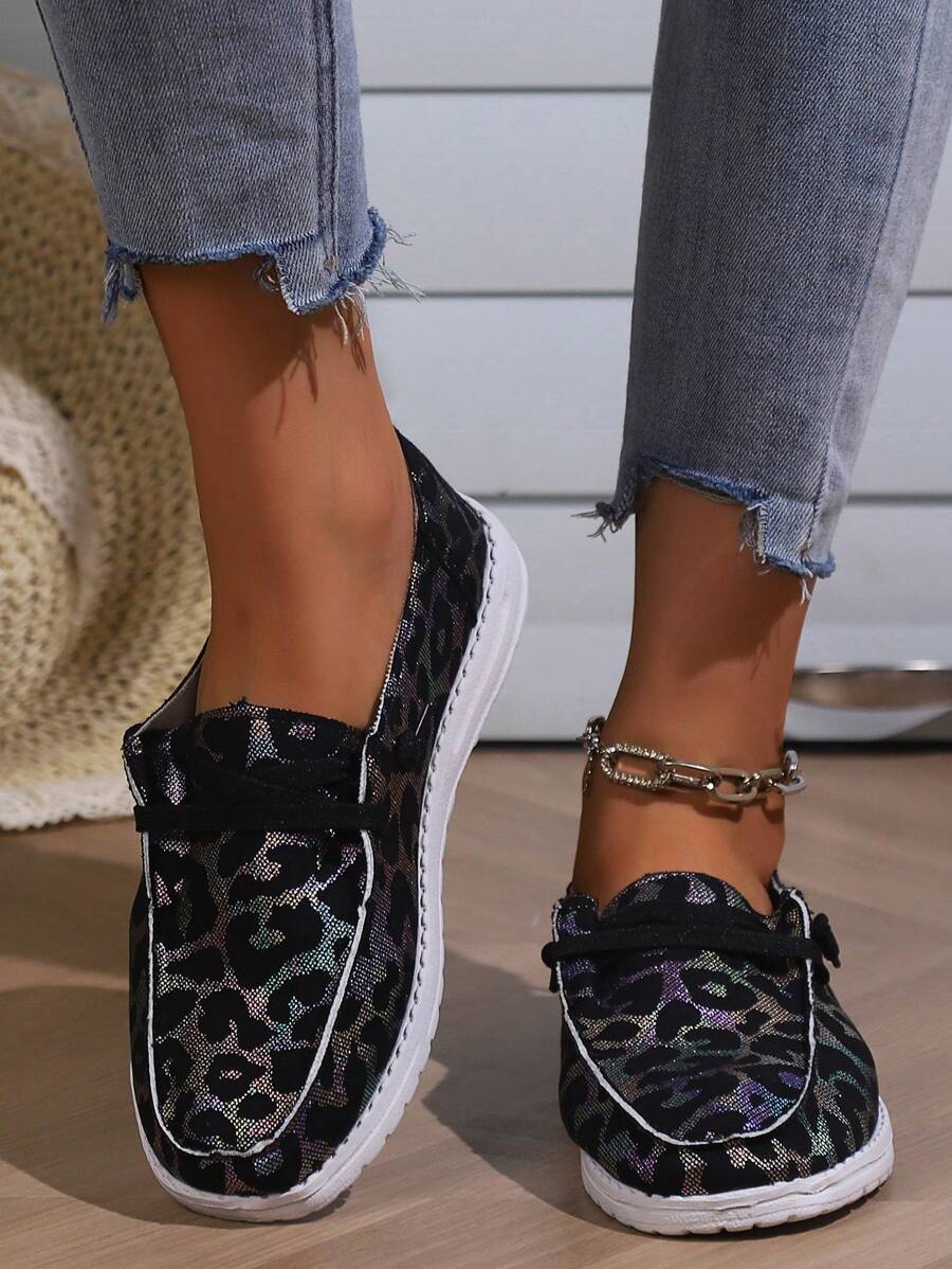 Women Leopard Pattern Slip On Shoes, Fabric Lace-up Front Sporty Sneakers - Multicolor - View 1