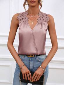 SHEIN Clasi Bảng điều khiển ren Guipure Xa ten Áo sơ mi - Bụi hồng - Xem 5