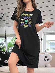 Studio Chunk 艺术家万圣节卡通和口号印花睡裙 - 黑色 - 查看 4