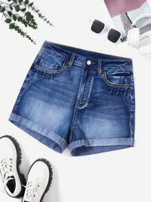 SHEIN EZwear Plus High Waist Roll Hem Denim Shorts - Medium Wash - View 1