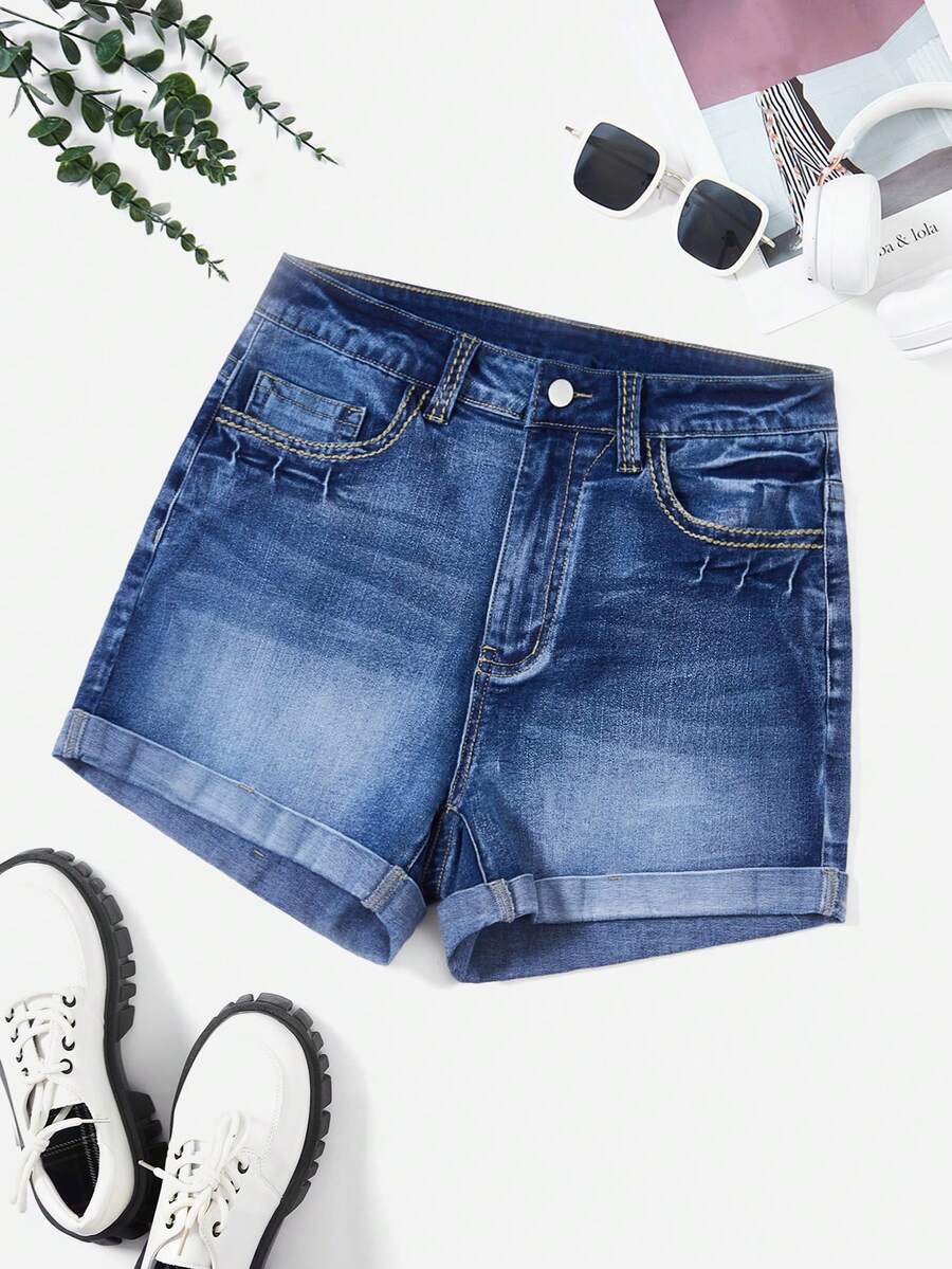 SHEIN EZwear Plus High Waist Roll Hem Denim Shorts - Medium Wash - View 1