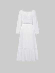 SHEIN Unity Square Neck Lace Trim Crop Top & Ruffle Hem Skirt - White - View 2