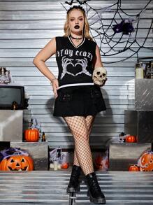 SHEIN EZwear 加万圣节骷髅手和字母图案条纹装饰毛衣背心（不含衬衫）秋冬 - 黑色 - 查看 1