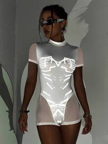SHEIN ICON Reflective Graphic Mesh Insert Unitard Romper - White - View 1